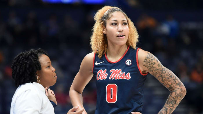 Ole miss basketball coach Yolett McPhee-McCuin with Ole Miss center Shakira Austin (0) during the SEC Women's Basketball Tournament game against South Carolina in Nashville, Tenn. on Saturday, March 5, 2022. Sec Ole Miss South Carolina